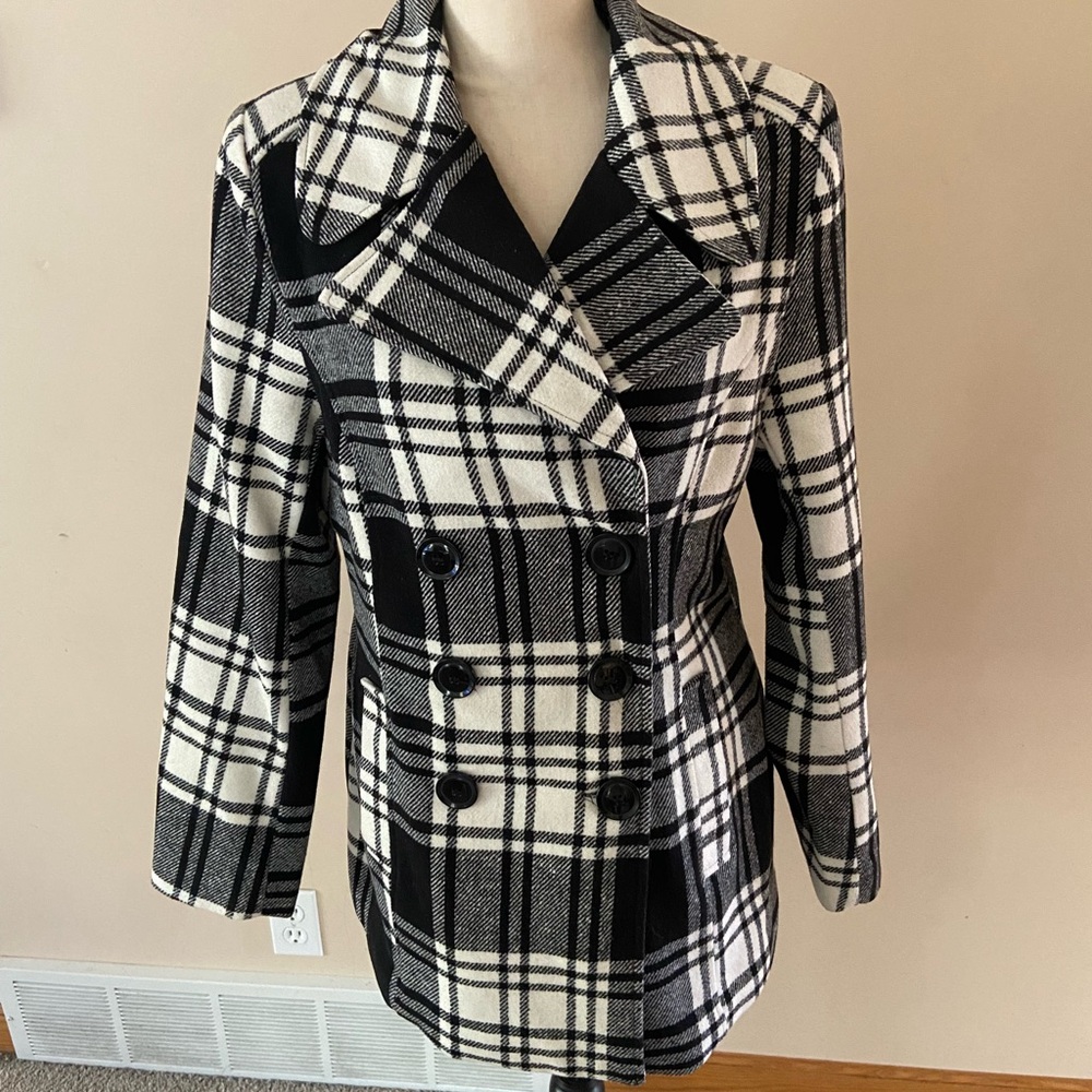 Larry Levine Black and White Peacoat Classic Plaid Design